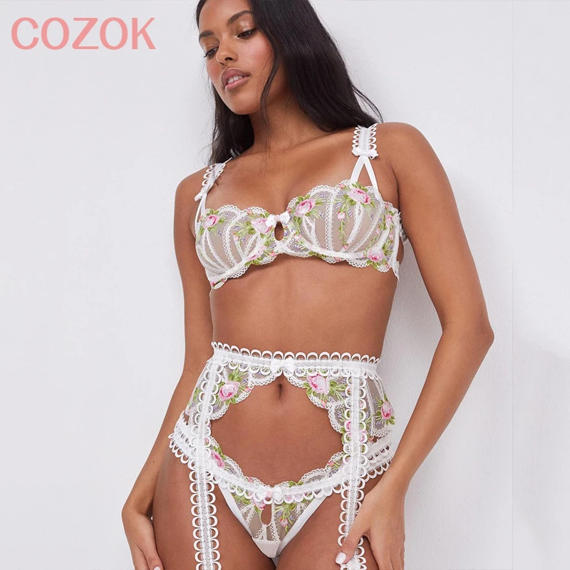 

COZOK Embroidery Lingerie Sexy Lace Bra Set Sissy 3-Piece Women's Transparent Delicate Flowers Bra Panty Set Cosplay Lingere