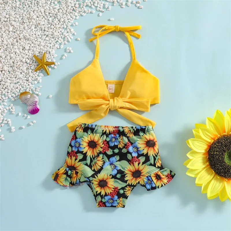 

7-15 Years Kids Girls Bikini Set Tie-Up Halter Neck Bowknot Tank Tops Sunflower Print Ruffles Shorts Swimwear Summer Swimsuits