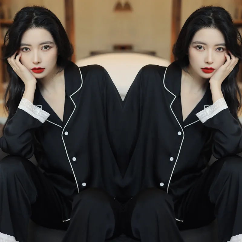 Spring, summer and autumn sexy noble lace long-sleeved silk pajamas women's cardigan thin ice silk outer wear fashion home cloth