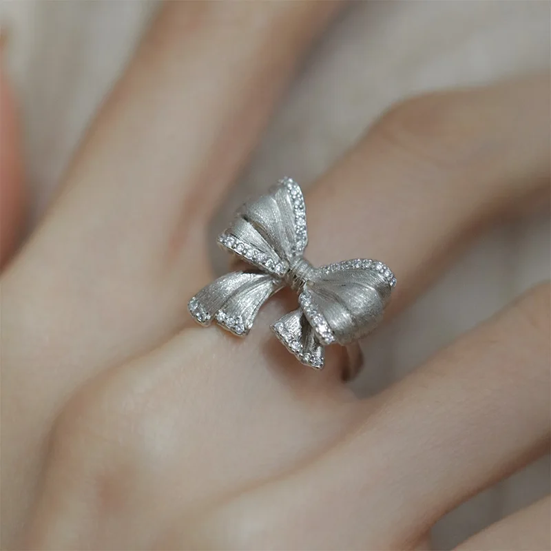 

VENTFILLE Silver Color Zircon Bowknot Charm Open Ring for Women Girl Birthday Gift Cute Romantic Delicate Jewelry Dropshipping