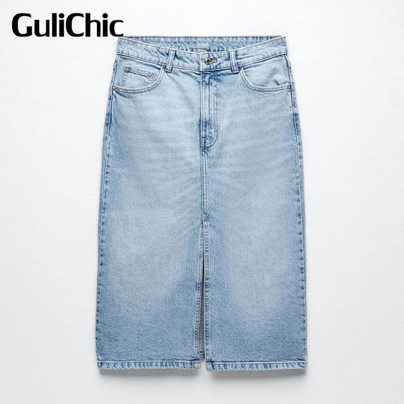

3.14 GuliChic Fashion Casual High Waist Split Midi Denim Skirt Women