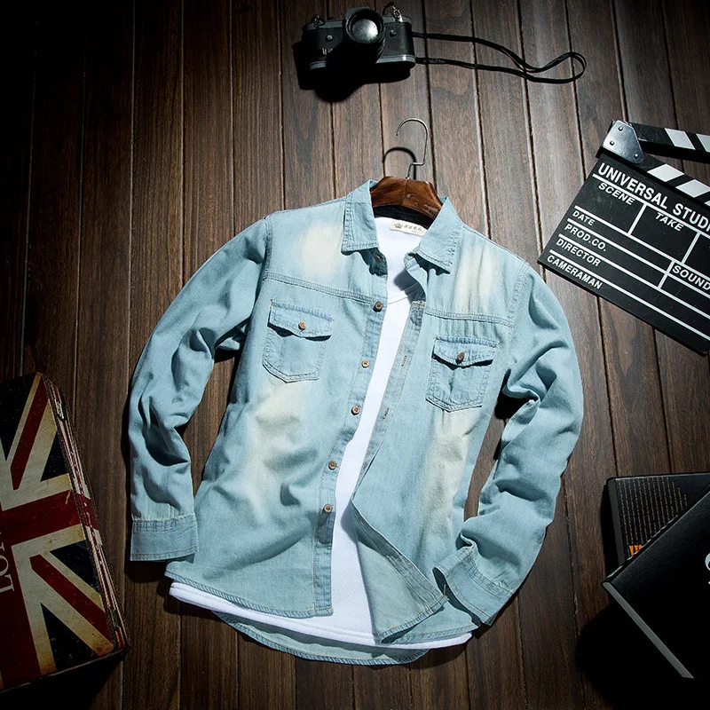 

2021Spring and Autumn New Korean Men's Long-Sleeved Denim Shirt Leisure Washed-out Jacket Slim Fit Thin Shirt