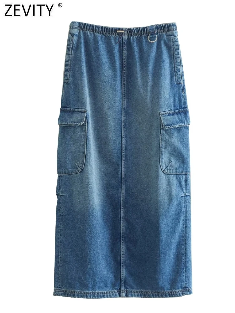 

Zevity Women Safari Style Side Pockets Patch Back Split Denim Midi Skirt Faldas Mujer Female Chic Elastic Waist Vestidos QUN2886