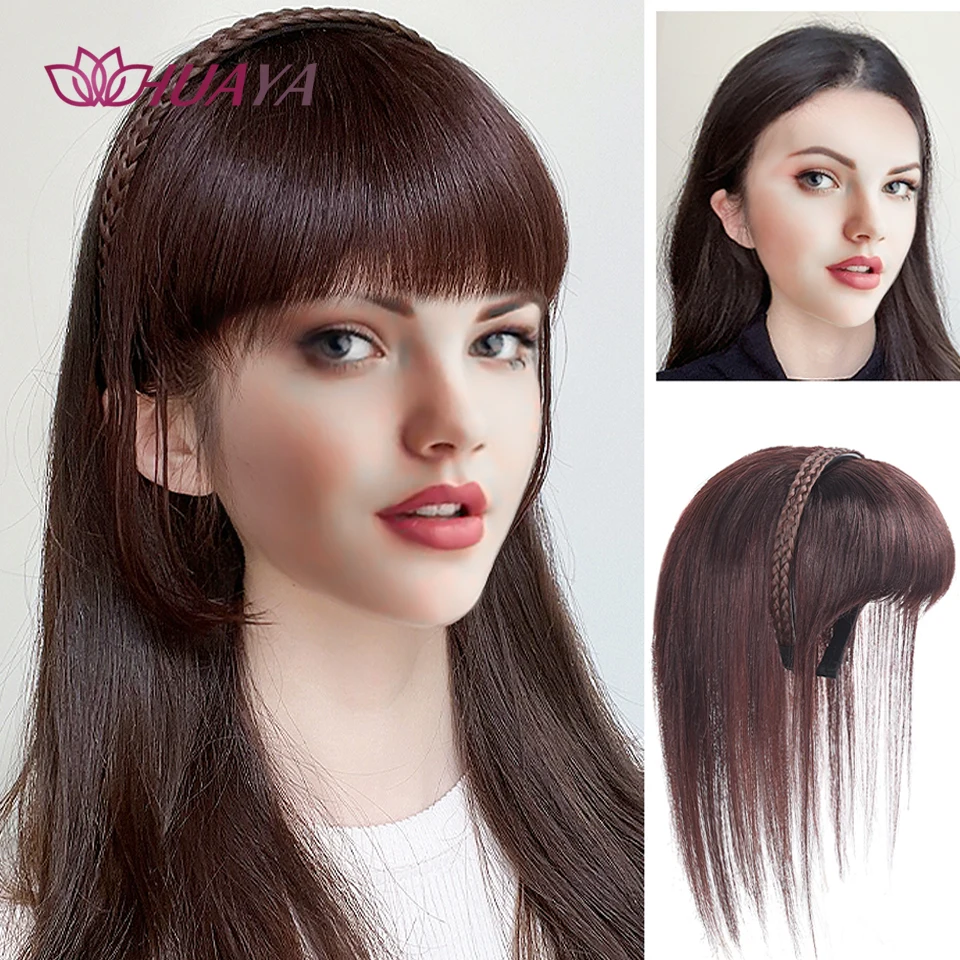

HUAYA Synthetic Natural Hair Bangs With Braids Headband Black Topper Fake Hair 3D Bang in Hair Extensions Hairpieces for Women