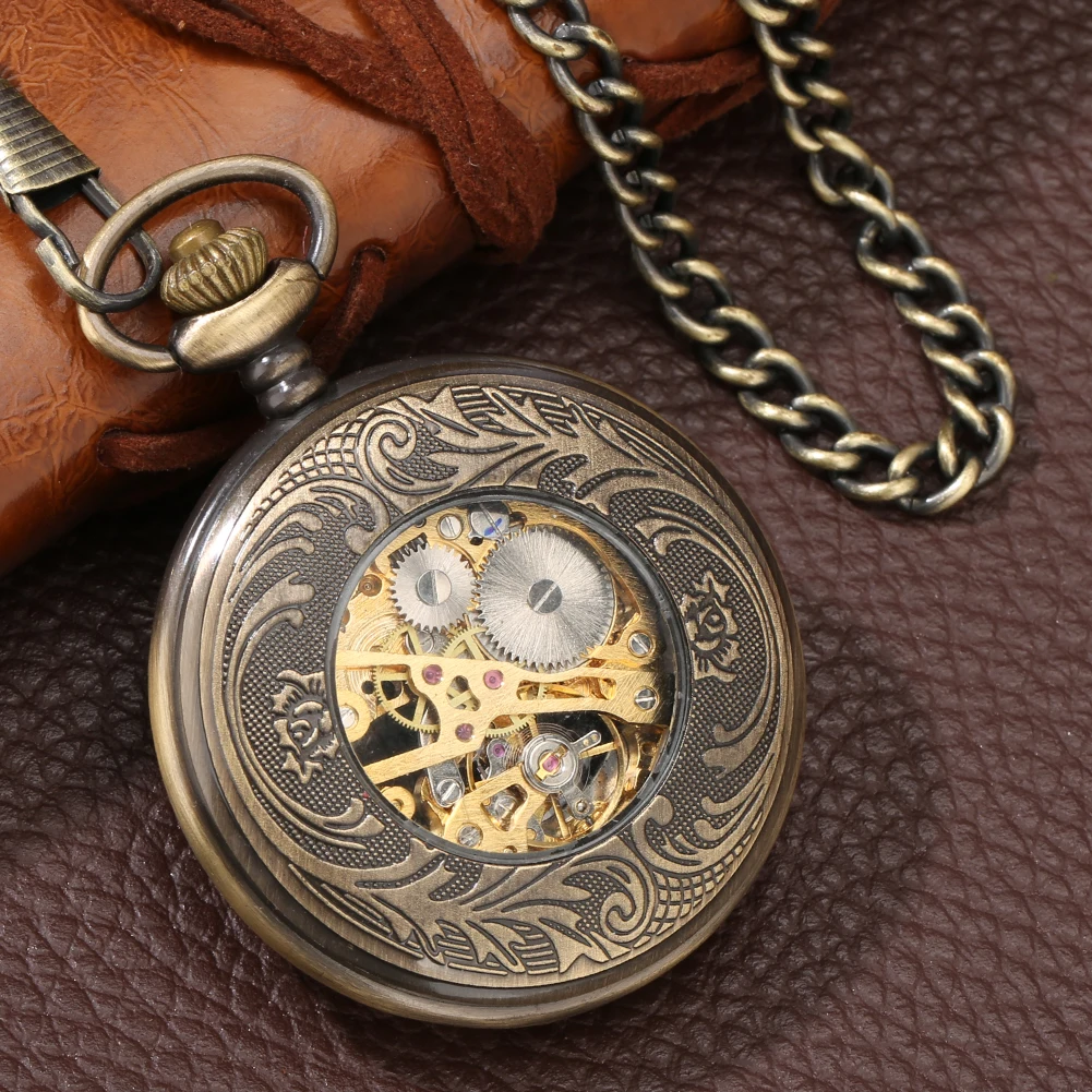 Vintage Bronze Hollow Chinese Knot  Hand Winding Mechanical Pocket Watch Arabic Numerals Dial Luxury Manual Timepiece Fob Chain