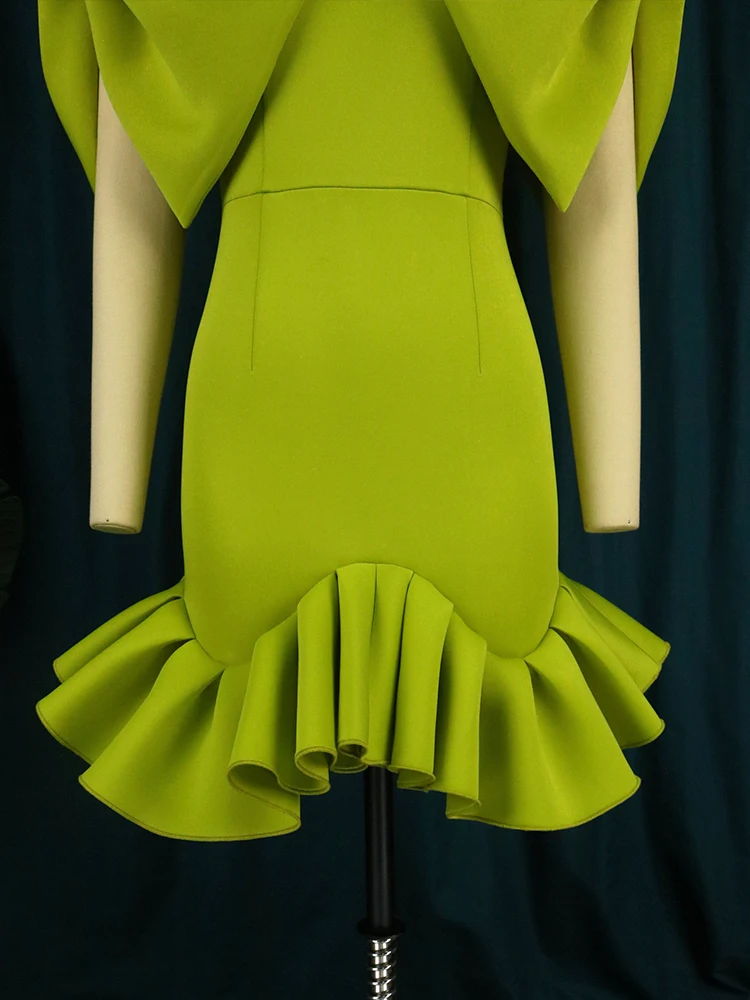 Green Evening Dresses O Neck Tulle Patchwork High Waist Ruffles Plus Size Lovely Bowtie Short Sleeve Cocktail Event Outfits 4XL
