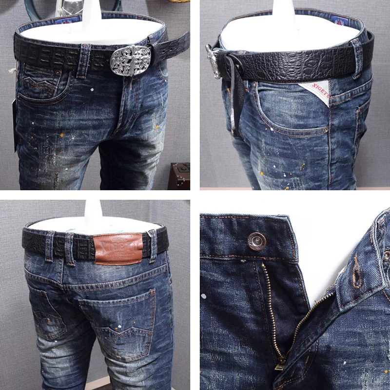 Streetwear Fashion Men Jeans Retro Blue Stretch Slim Ripped Jeans Men Destroyed Trousers Painted Designer Vintage Pants Hombre