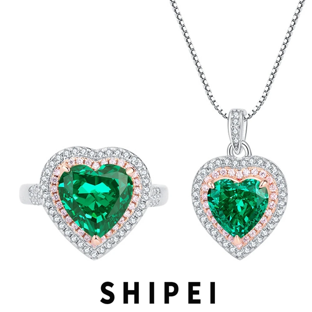 

SHIPEI Vintage Solid 925 Sterling Silver Heart Emerald Pink Sapphire Gemstone Ring/Pendant/Necklace Jewelry Set 2Pcs Wholesale
