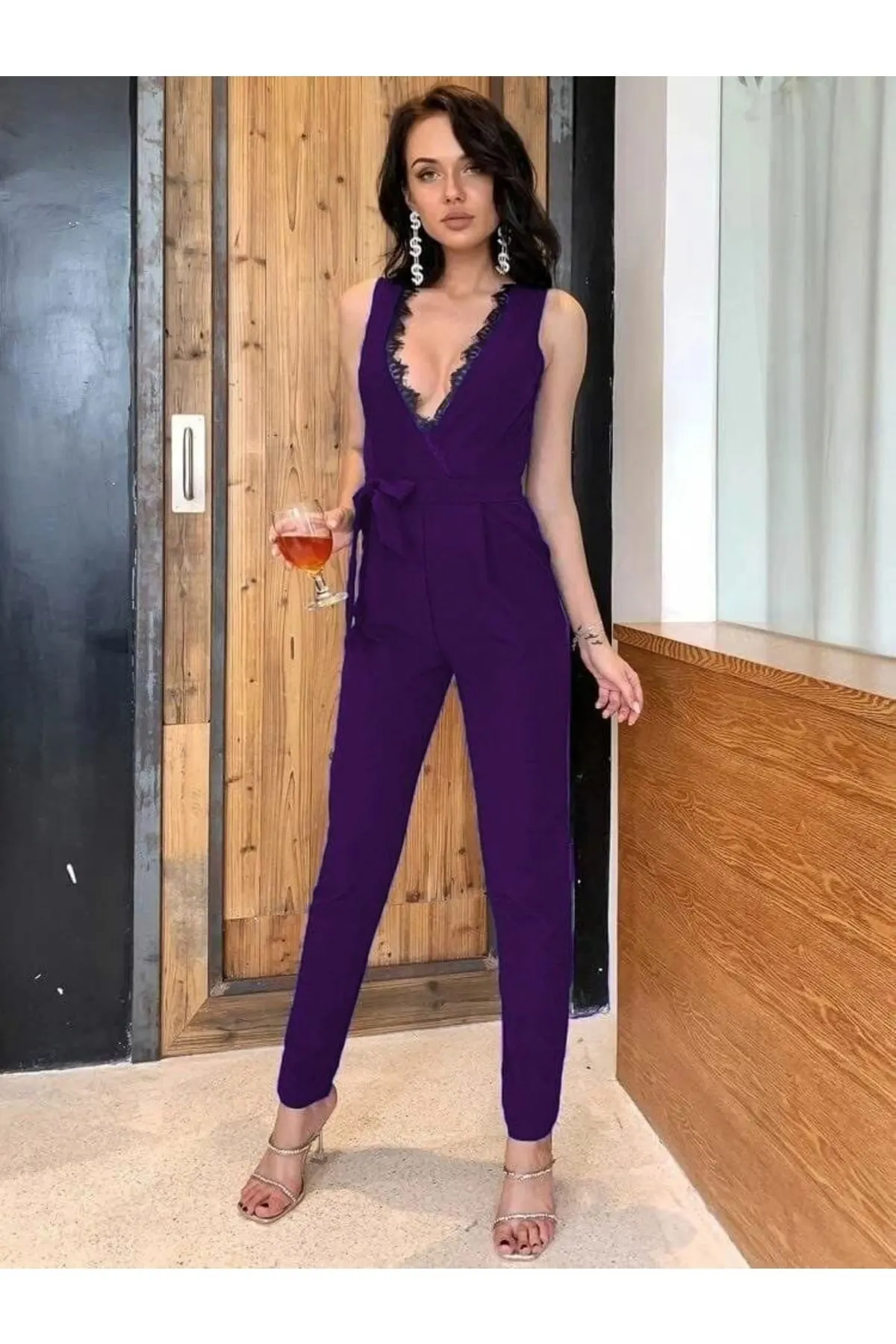 

Women's Overalls Collar Lace Detailed Waist Waist Belted Jumpsuit Hot Casual Fashion Sleeveless Baggy Trousers Overalls