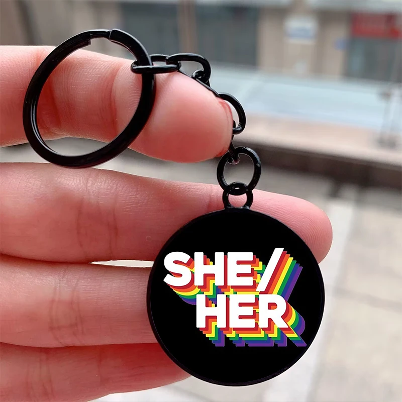 

Fashion What are your Pronouns Printed Keychain Cool Motorcycle Car Backpack Chaveiro Keychain Friend's Keyring Gift Accessories