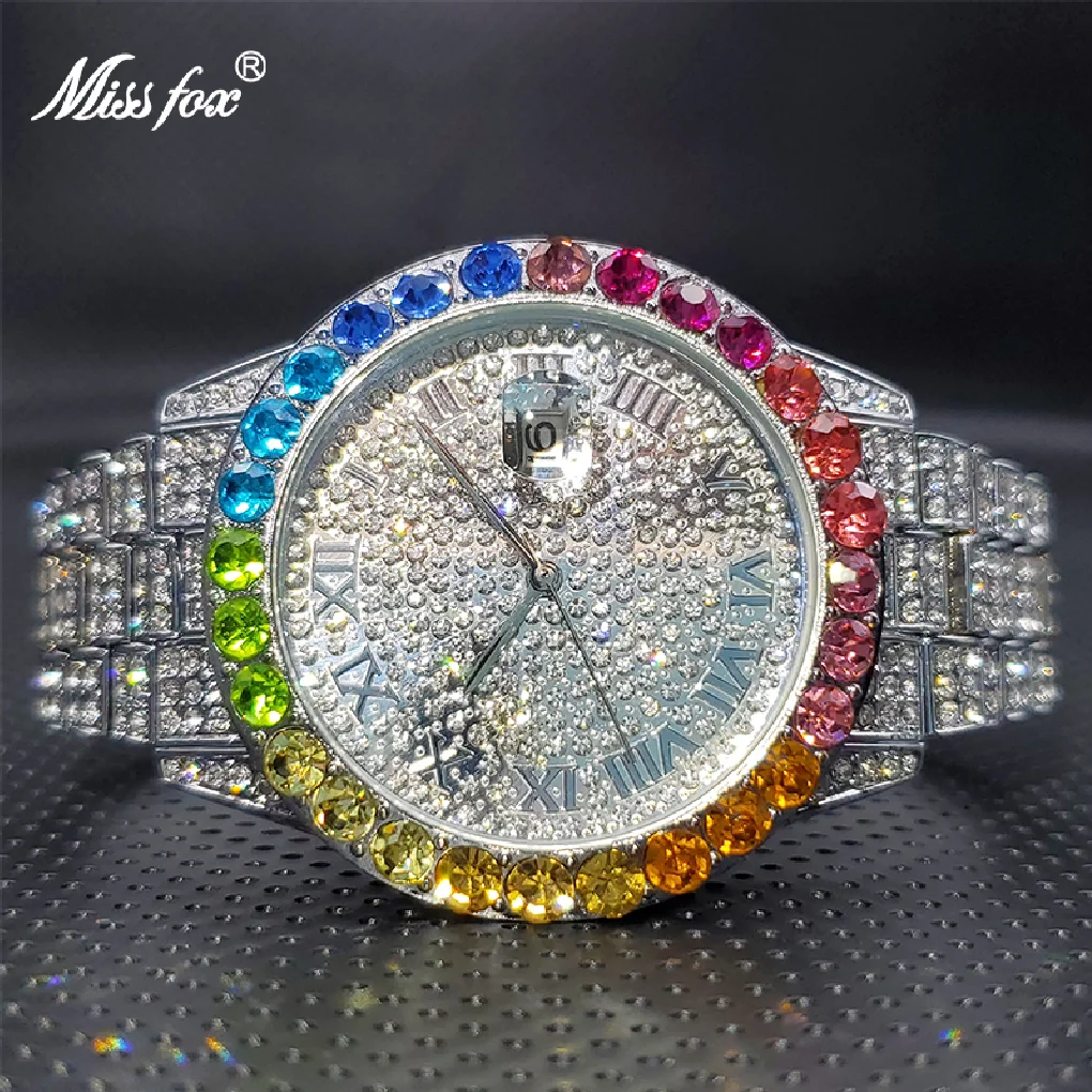

MISSFOX Bling Rainbow Big Diamond Stylish Classic Hip Hop Watches For Men Calendar Waterproof Quartz Wristwatches Dropshipping