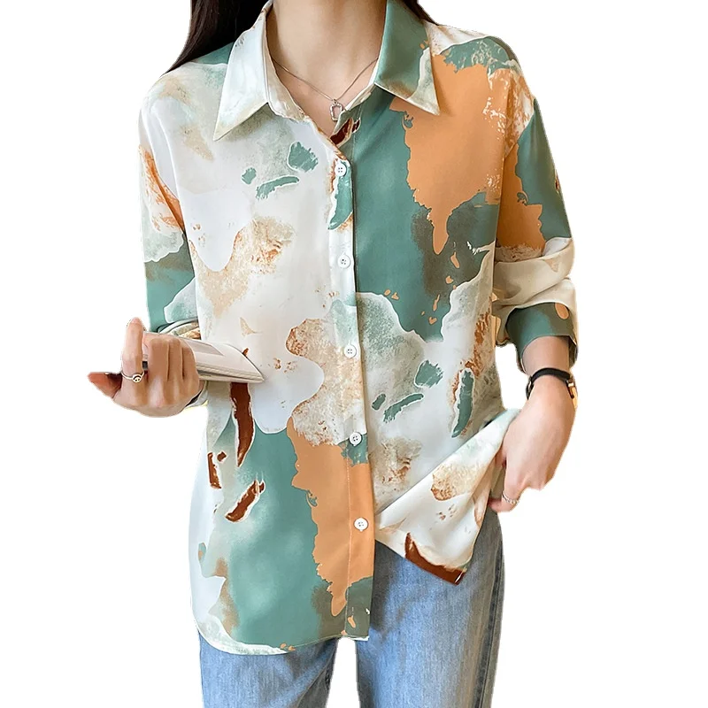 

Floral Print V-neck Lapel Blouses, Casual Loose Button Down Long Sleeve Fashion Shirts Tops, Women's Clothing