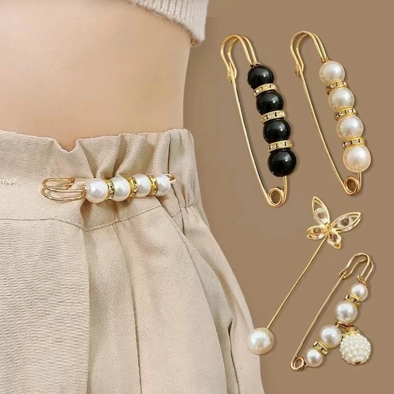 

Trendy Women Tightening Waistband Pin Pearl Brooches Metal Lapel Pin Brooch Pins Sweater Shirt Cardigan Brooch Accessories
