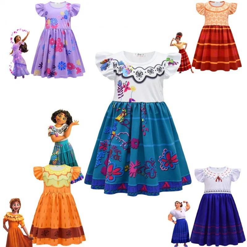 

2022 Encanto Costume Girls Summer Dress Everyday Casual Dress Cosplay Costume Child Girl Dress Girls Flying Sleeve Dress Mirabel