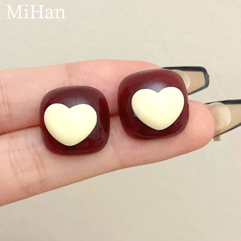 

Fashion Jewelry 925 Silver Needle Red Color Heart Square Resin Earrings For Women Wedding Gifts Simply Design Ear Accessories