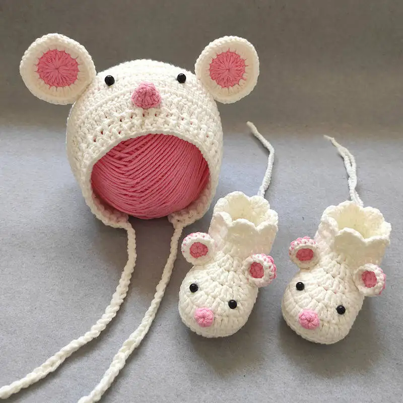 

3pieces/Set Handmade Knitted Baby Woolen Hat Mouse Shoes and Hats Set Newborn Photography Props Backdrop Studio Accessories