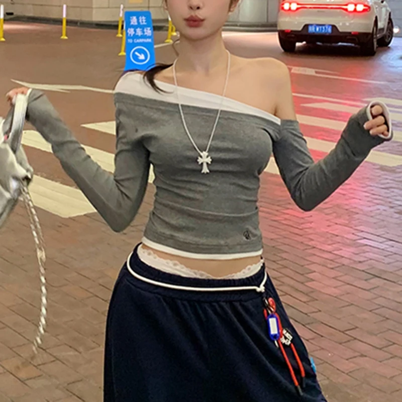 Женская повседневная футболка с длинным рукавом и косым вырезом в стиле пэчворк