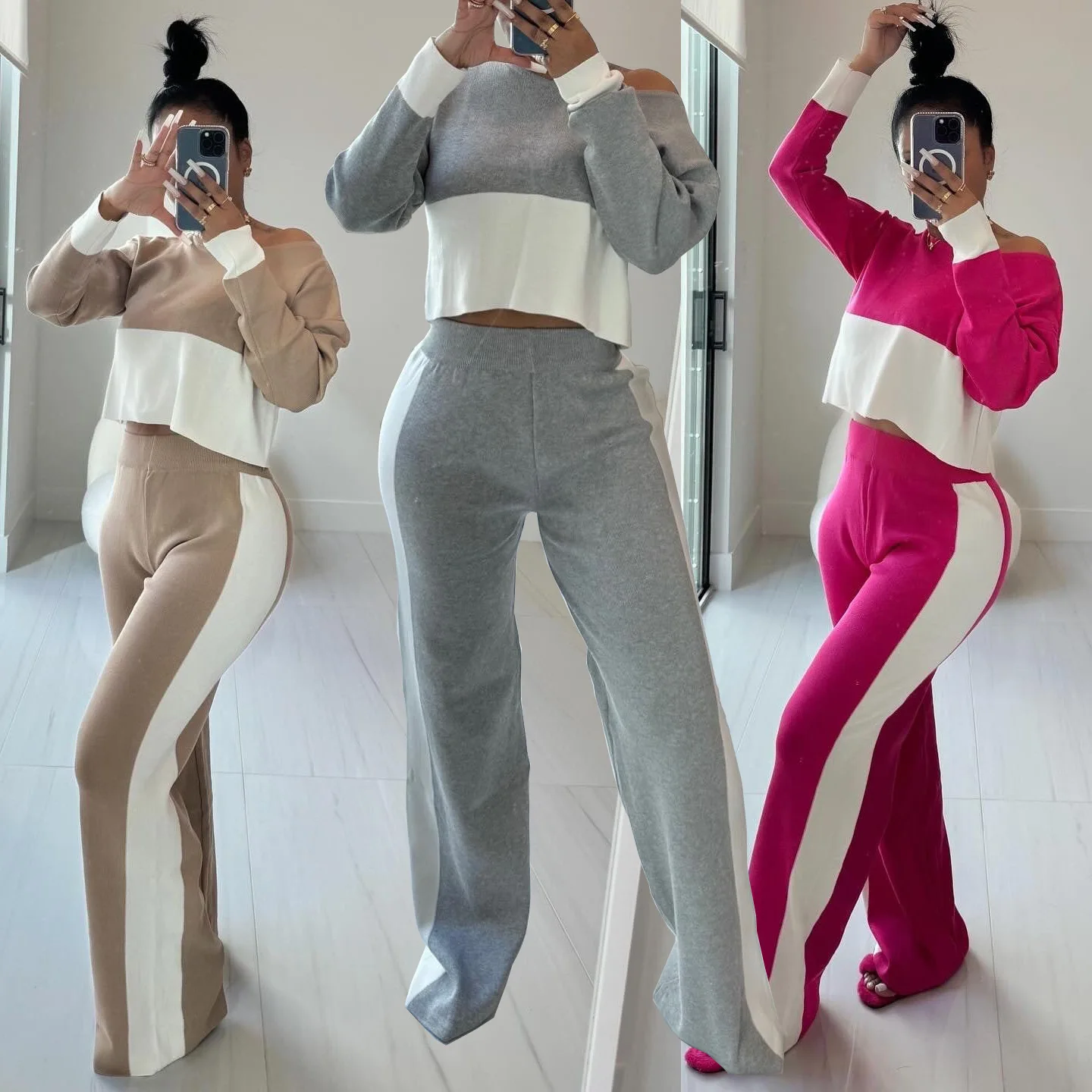 

B9438 European and American women's contrasting color patchwork casual set available in three colors