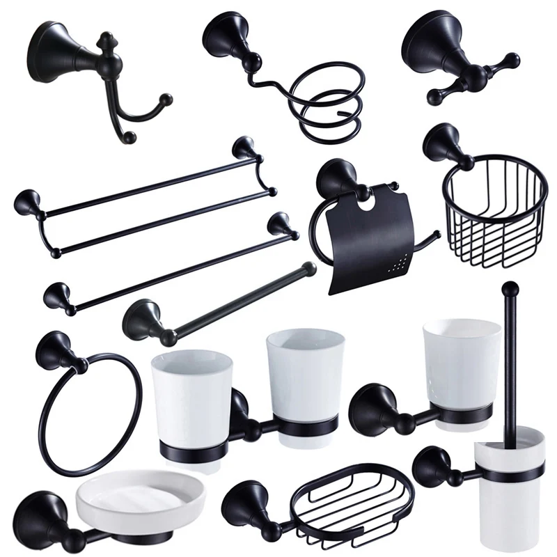 

Черный латунный настенный набор аксессуаров для ванной комнаты, держатель для полотенец, мыла, посуды, крючка для халата, держатель для туалетной бумаги, держатель для зубных щеток azh113