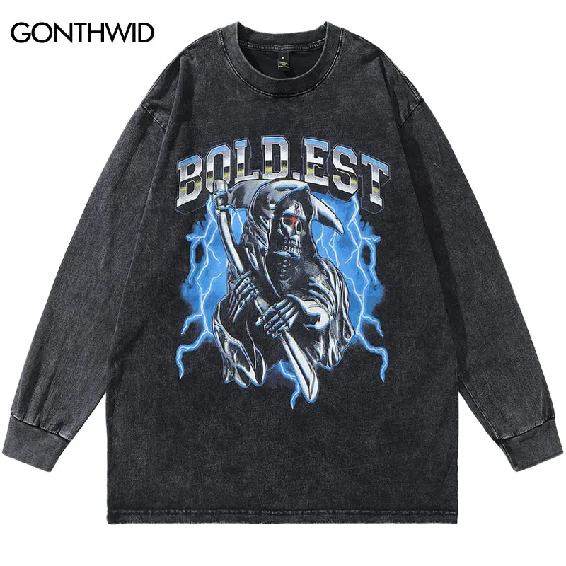 

Vintage Shirts Streetwear Hip Hop Skull Skeleton Lightning Print Punk Gothic Long Sleeve T-Shirt Fashion Harajuku Casual Tshirt