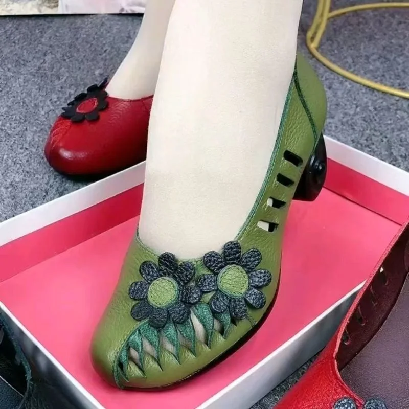 

Summer Autumn 2022 NEW Ethnic Style Leather Handmade Shoes Women Round Toe Pumps Hollow Flower Sandals Zapatos De Mujer