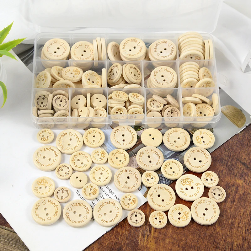 

100pcs 2Hole Natural Wood Buttons Handmade With Love Wooden Craft Scrapbooking Baby Clothing Sewing DIY Accessories Decoration