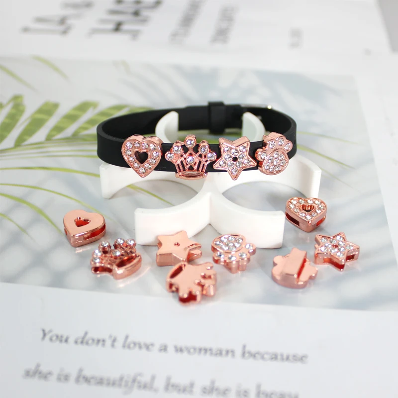 10 шт./лот отверстие 8 мм стразы сердце корона звезда лапа слайд-подвеска розовое