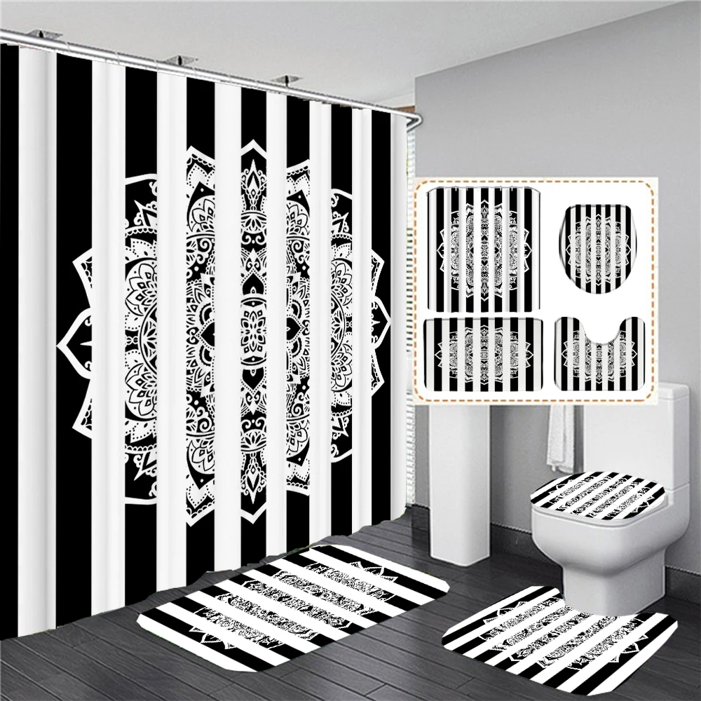 

Black and white Stripes Boho Printed Shower Curtain Set Waterproof Bathroom Curtain with Hooks Bathroom Sets and Rugs Home Decor