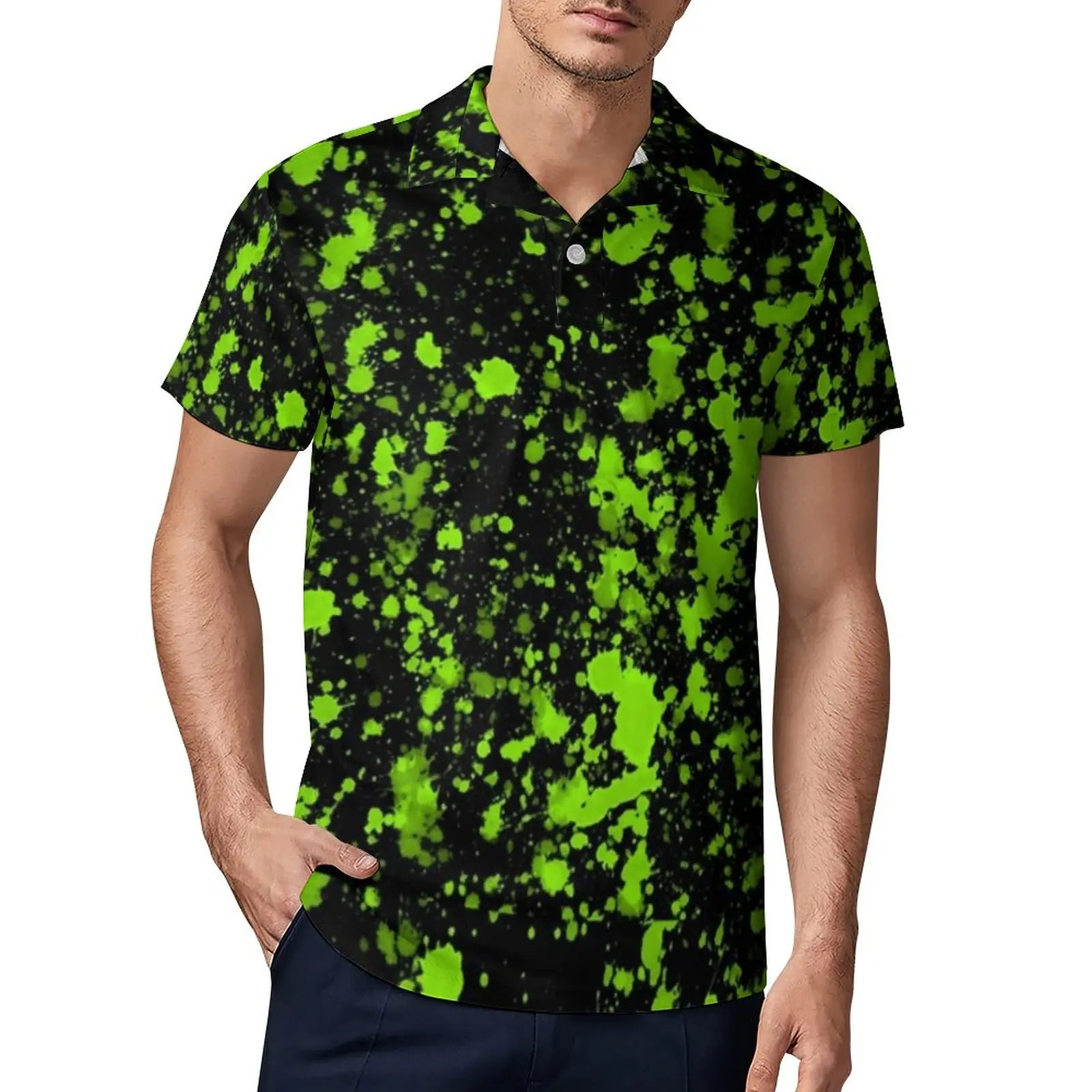 

Повседневные рубашки-поло зеленого цвета с рисунком брызг, крутые неоновые футболки с принтом, рубашка с коротким рукавом, летний ретро Топ ...