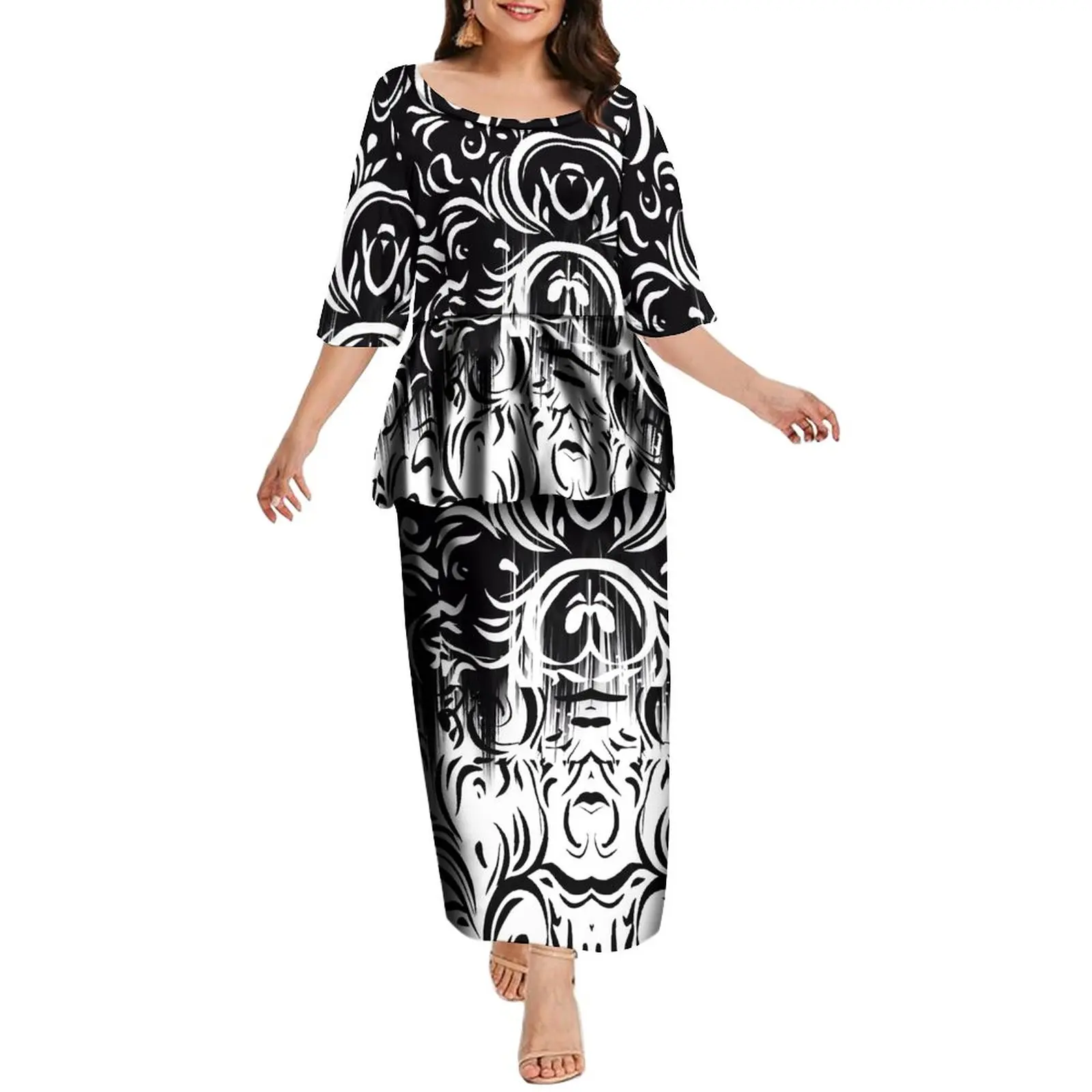 Женское платье с рукавом до локтя длинное в полинезийском этническом стиле