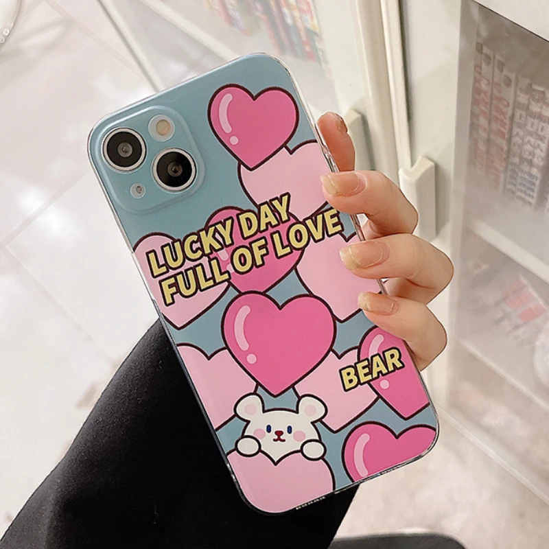 

Cute Doodle Love Heart Bear Transparent Phone Case For iPhone 13 11 12 Pro Max X XR XS Max MINI 7 8Plus Funny Cartoon Soft Cover