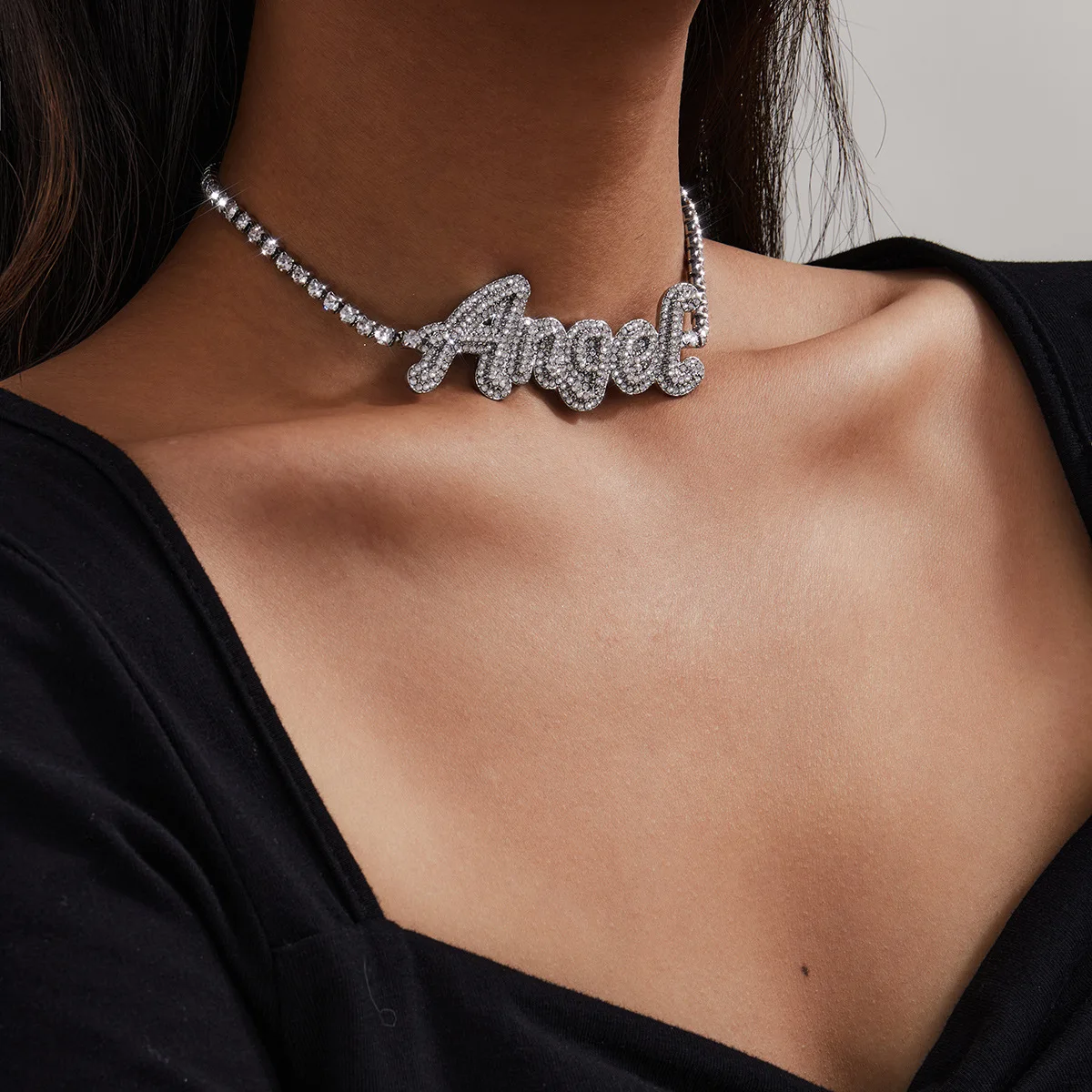 Jewelry Vintage Fashion Full Diamond Letter Baby Necklace Personalized Simple Collar Chain Creative