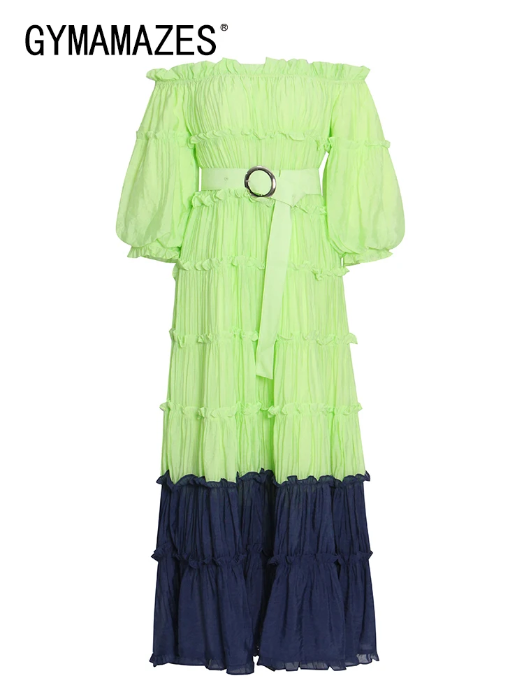 

GYMAMAZES Patchwork Colorblock Midi Dress For Women Slash Neck Half Sleeve High Waist Loose Dresses Female Summer Clothing Style