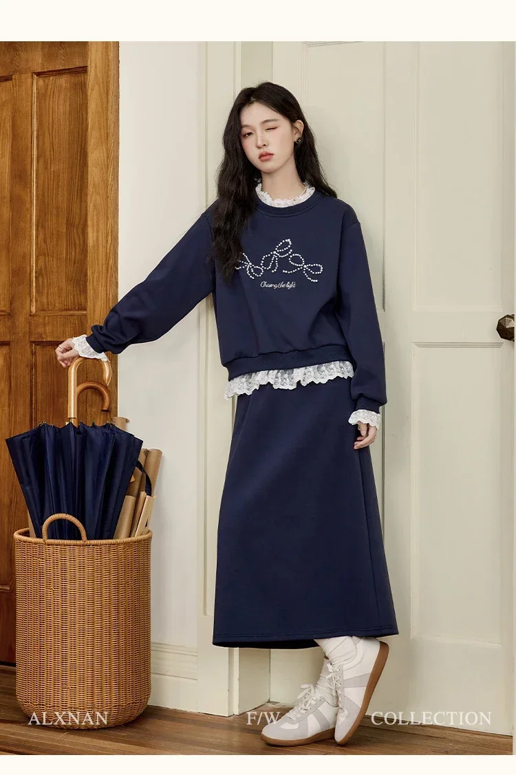 Женская кружевная толстовка с круглым вырезом и жемчужным бантом