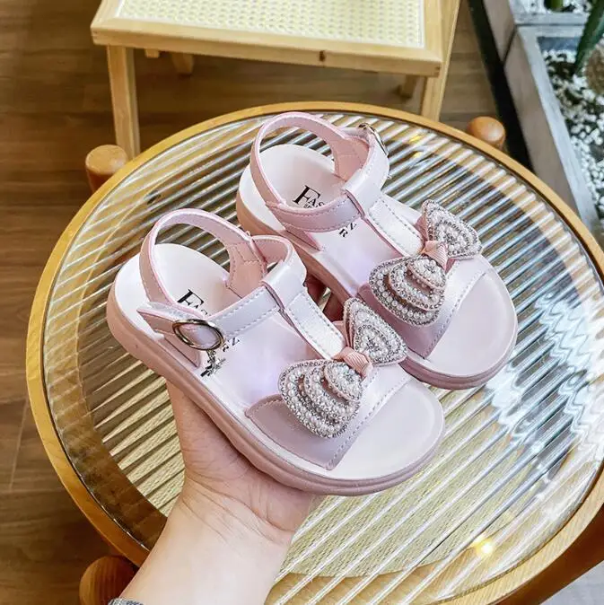 

Summer Flats Korean Girls Pearls Rhinestone Kids Beach Sandals Butterfly-knot Princess Children's Sandals Flip Flops Beach Shoes