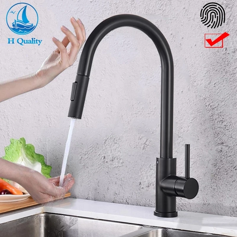 

Free Shipping Pull Out Black Sensor Kitchen Faucet Smart Induction Mixer Tap Touch Control Sink Tap 2 Modes Torneira De Cozinha