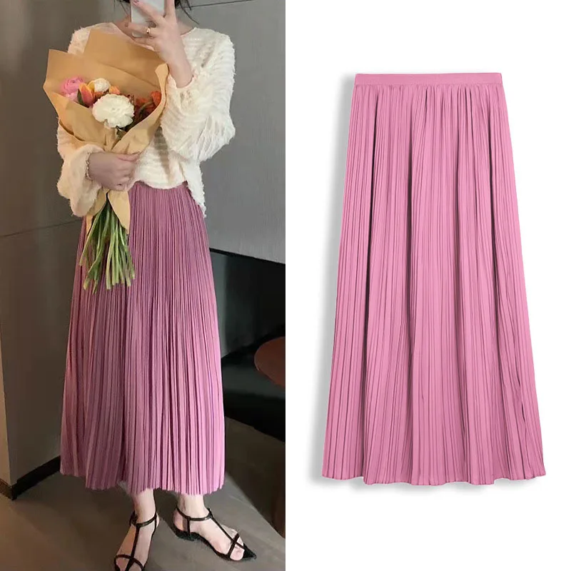 

Women High Waist Pleated Skirt Elegant College Style Midi Skirt 2023 Spring Summer Solid Color Female Casual A-line Skirts