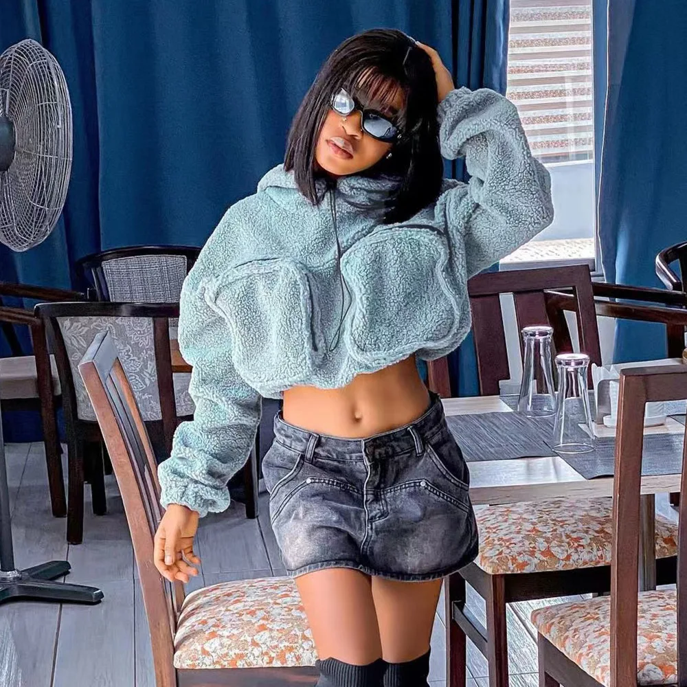 

2023 осенние пуловеры с капюшоном на ремешках, женская зимняя одежда, объемная женская уличная одежда с карманами, укороченная толстовка с капюшоном на молнии