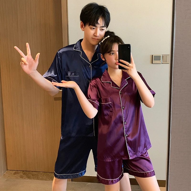 CAIYIER Summer Solid Color Silk Lover Nightwear Short Sleeve Casual Family Sleepwear Men & Women Couple Lounge Wear Pijama Set