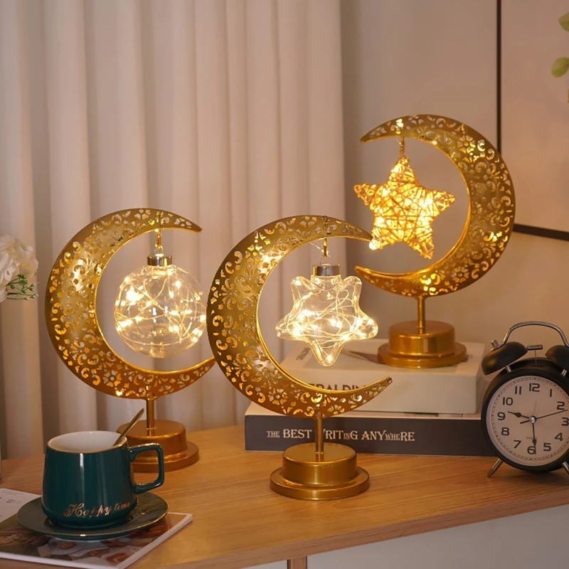 

LED Wrought Iron Moon Star Lamp Eid Mubarak Muslim 2023 Festival Decorative Lamp Bedroom Table Lamp Atmosphere Modeling Lamp