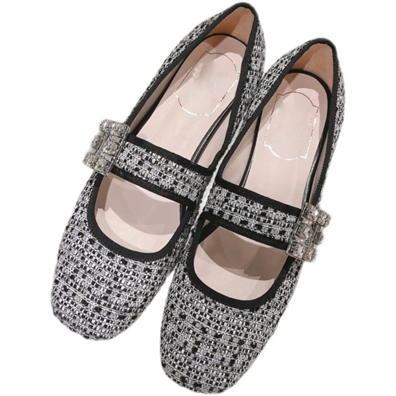 Rhinestone Square Buckle Mary Jane Shoes Women 2023 Shallow Mouth Square Toe Retro Single Shoes Women's Shoes