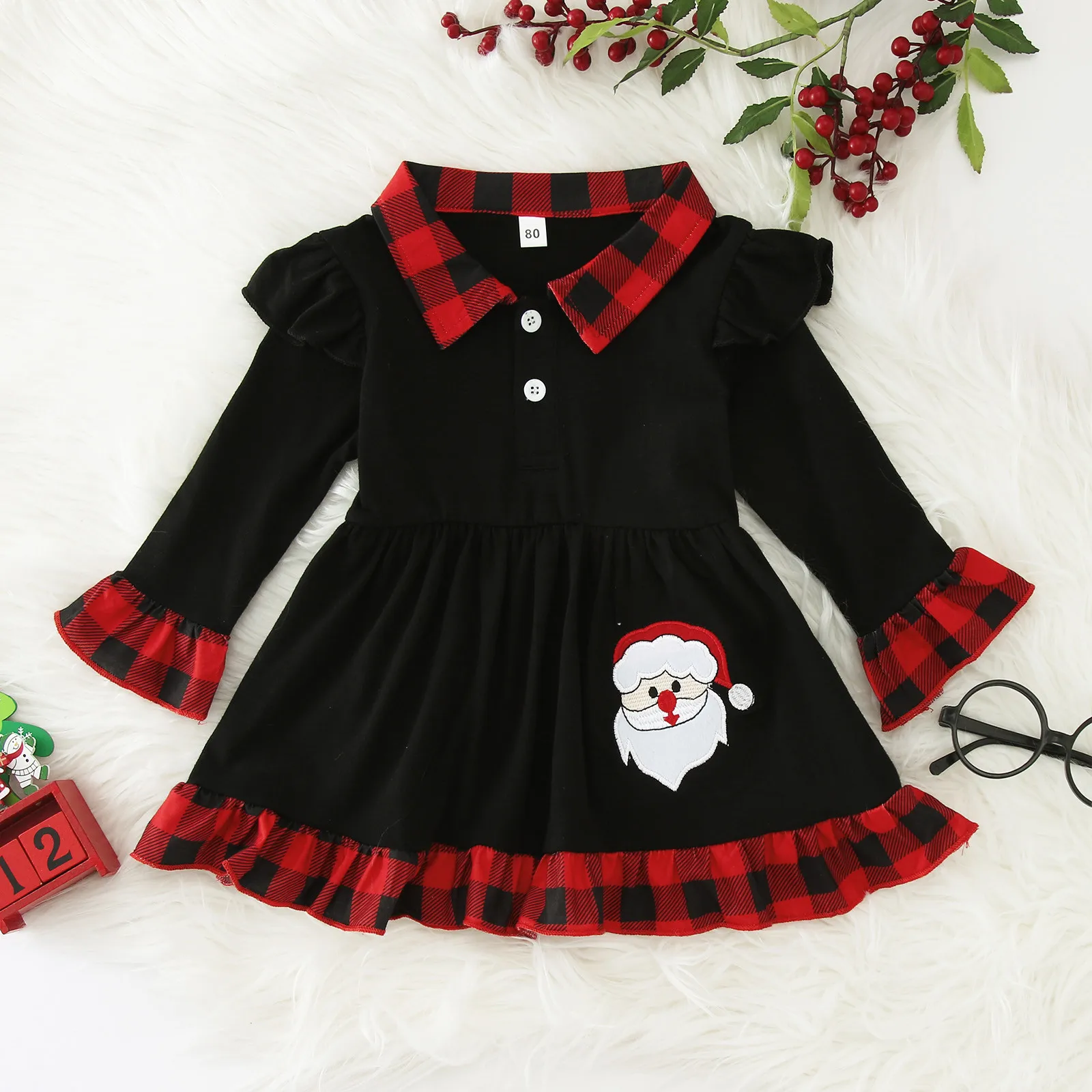 

Toddler Girls Flare Sleeve Christmas Dress Toddler Kids Ruffles Plaid Santa Prints Princess Dress Party Gown For 6M-4Y Vestidos