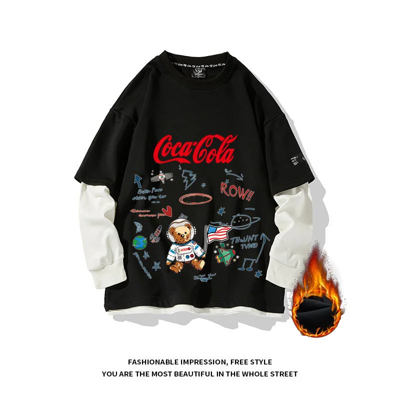 

Coke astronaut autumn and winter couple jacket loose cartoon plus velvet sweater men's Coca-Cola tide