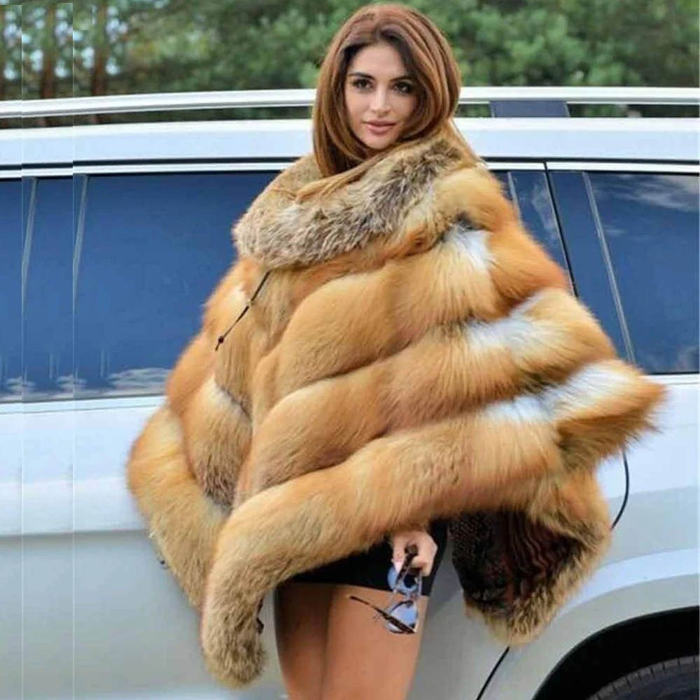 

Genuine 2023 Luxury Women Full Pelt Real Vulpe Red Fox Fur Coat Cape Poncho Overcoat
