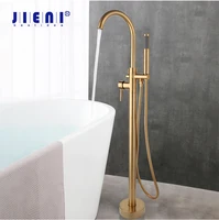 JIENI Brushed Gold High Rise Round Pipe Bath Mixer Floor Mounted Bathtub Filler Shower Roman Tub Faucet Set Floor Stand Shower