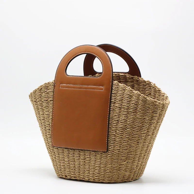 

2022 Summer Rattan Handbag Women Luxury Design Weave Wicker Tote Bag Female Patchwork PU Leather Straw Shopper Purse