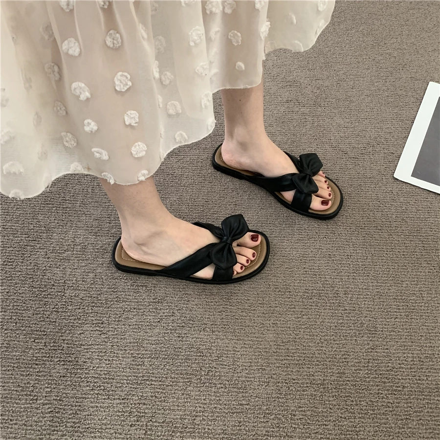 Mori Style Gentle Flat Sandals 2022 Summer New French Style Bow Flip Flops Sandals Women's Shoes for Outdoors