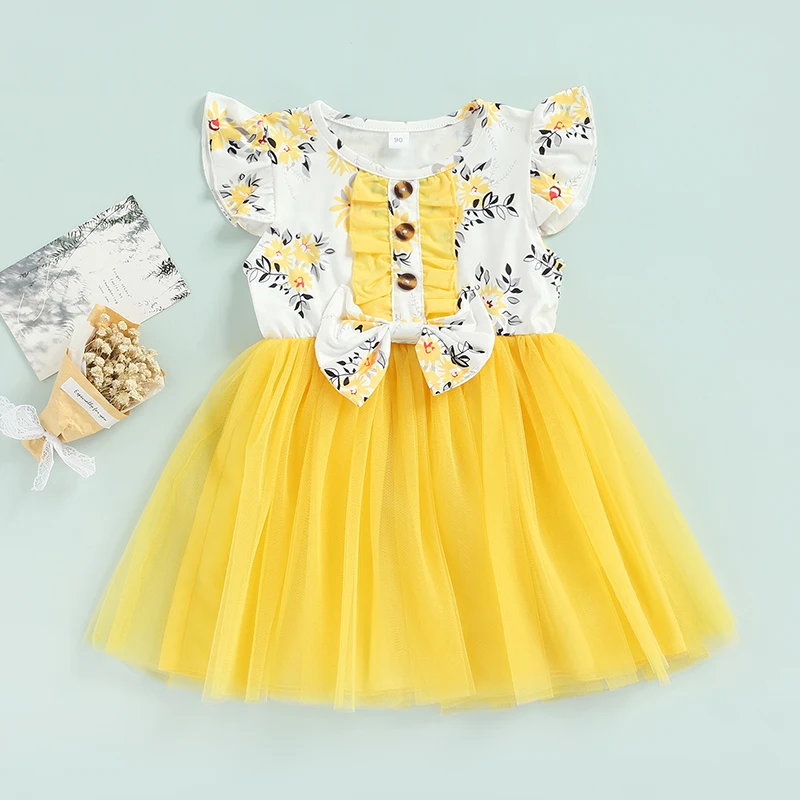 Baby Girl Tulle Dress Outfit Toddler Ruffle Short Sleeve Floral Tops Splicing Mesh Tutu Skirts Princess Dresses