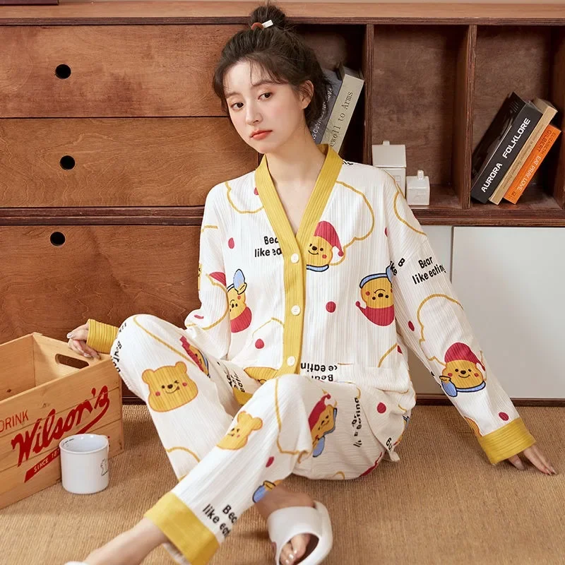 

Women Spring Autumn Long-sleeved Pajamas Pure Cotton Korean Version Thin V-neck Two-piece Set of Winter Loose Casual Loungewear