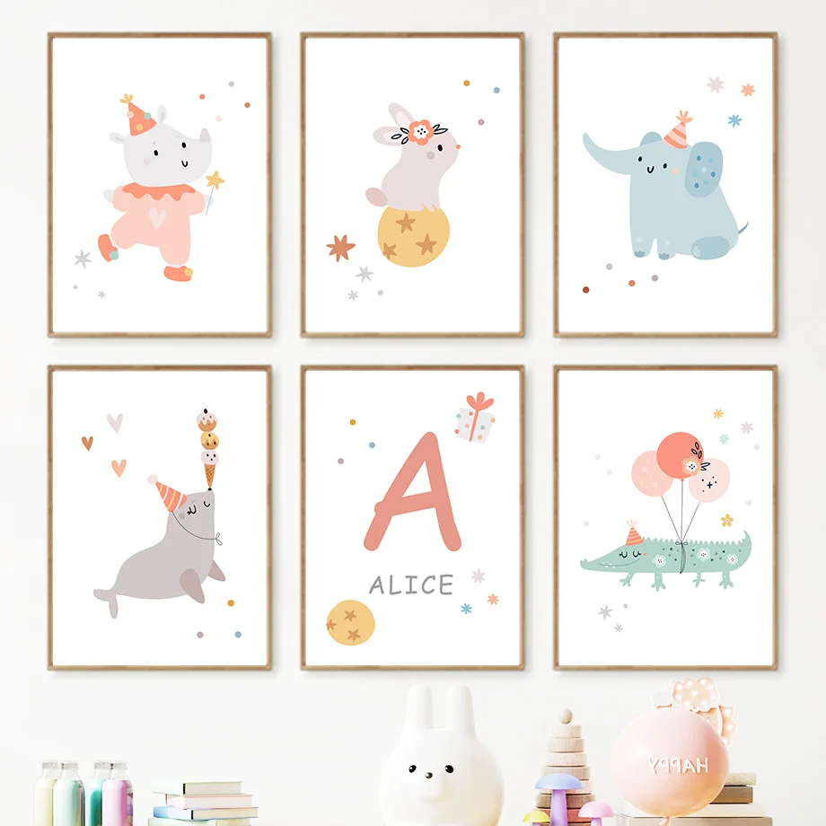 

Рино, крокодил, кролик, слон, надпись, персонализированные настенные художественные плакаты, печатные рисунки, картины из мультфильмов, декор детской комнаты